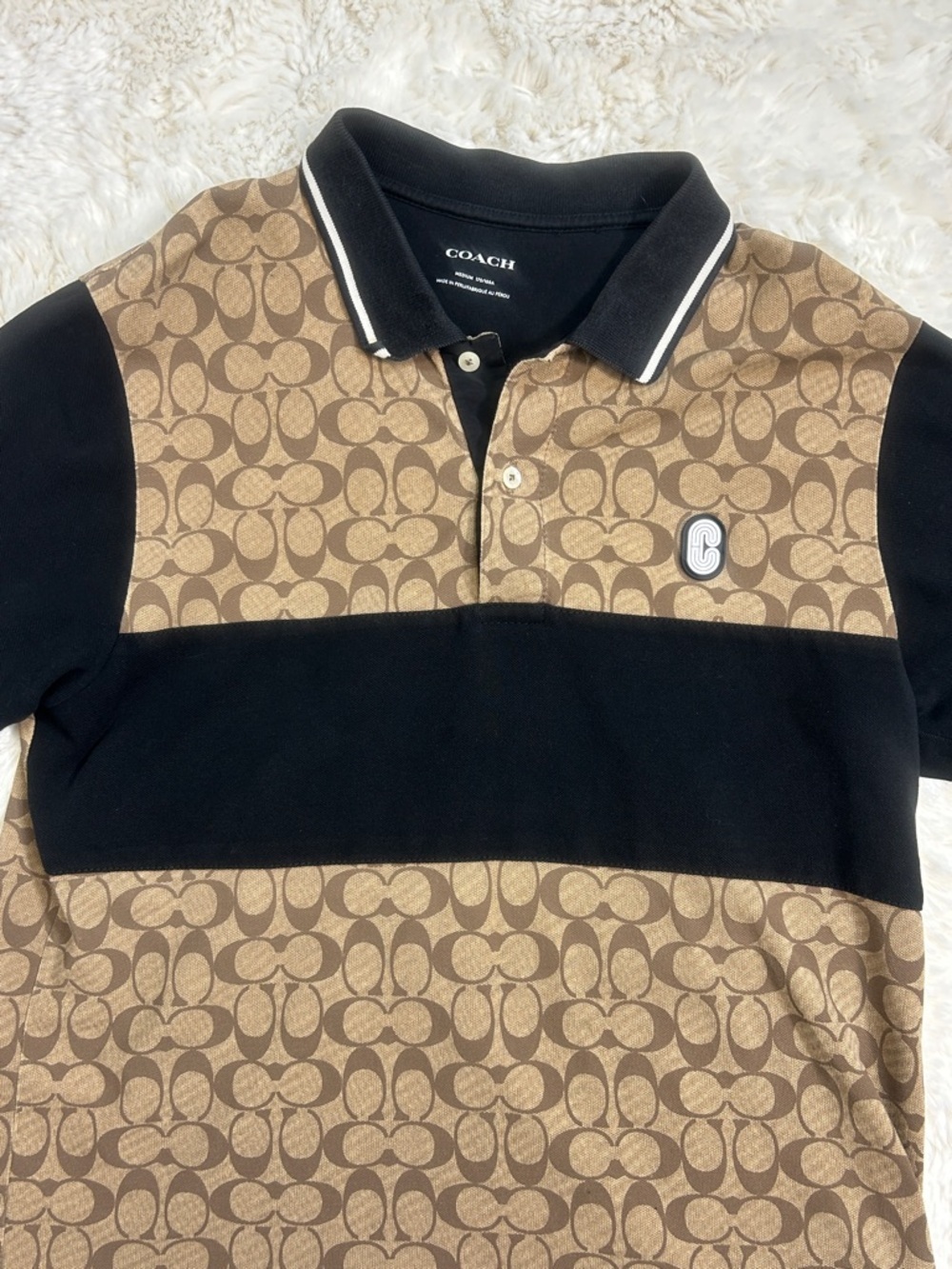 Coach Men's Polo Chambry Signature Short-Sleeve Shirt C9605 Tan and Black - Picture 2 of 9